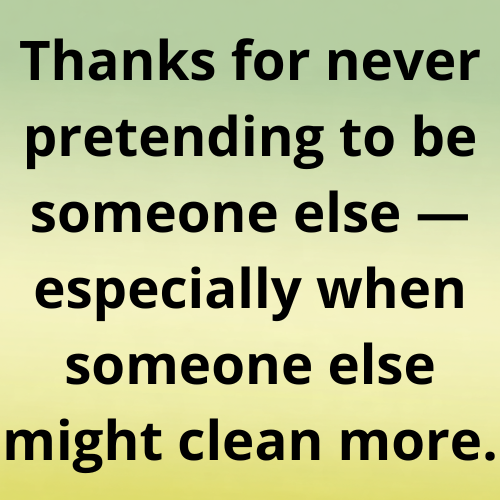 Thanks for never pretending to be someone else — especially when someone else might clean more.
